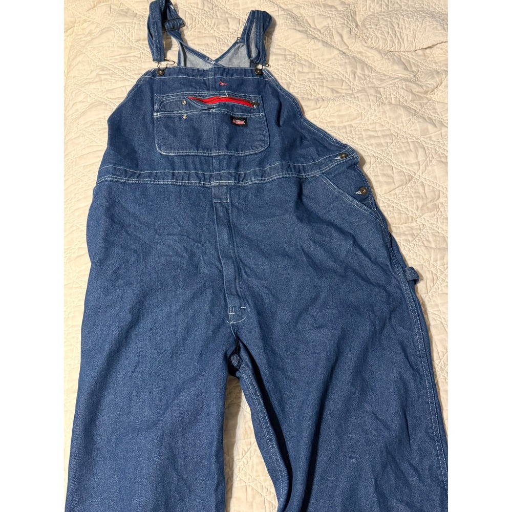 Genuine Dickies Mens Denim Bib Overalls 2XLR Blue Workwear Raw Hem Cutoff